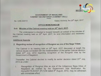 Nagaland cabinet withdraws recognition to Rongmei tribe as one of indigenous Naga tribes with immediate effect